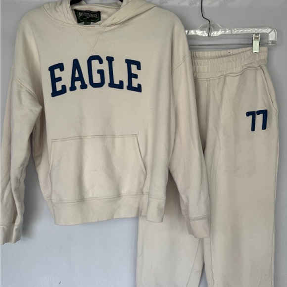 America Eagle Women Cream Sweatsuit Hoodie and Sweatpants Navy Logos Size XS - Picture 8 of 9